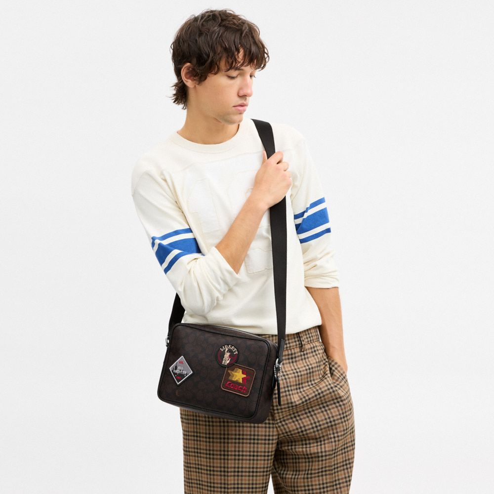 Coach Colton Crossbody Bag 25 In Signature Canvas With Patches Sv/Walnut/Black