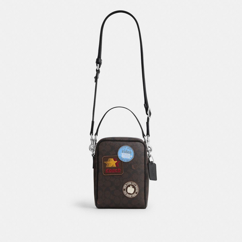 Coach Tristan Crossbody Bag 14 In Signature Canvas With Patches Sv/Walnut/Black