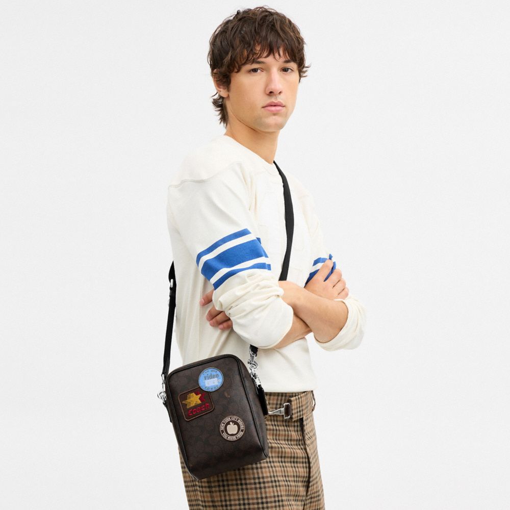 Coach Tristan Crossbody Bag 14 In Signature Canvas With Patches Sv/Walnut/Black