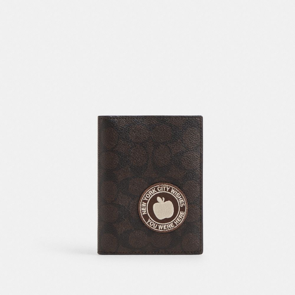 Coach Passport Card Case In Signature Canvas With Patches Sv/Walnut/Black