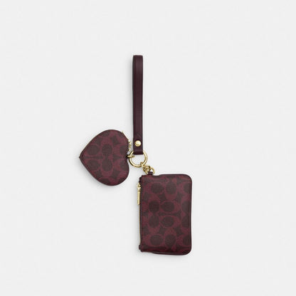 Coach Wristlet And Heart Pouch In Signature Canvas Gold/Black Currant