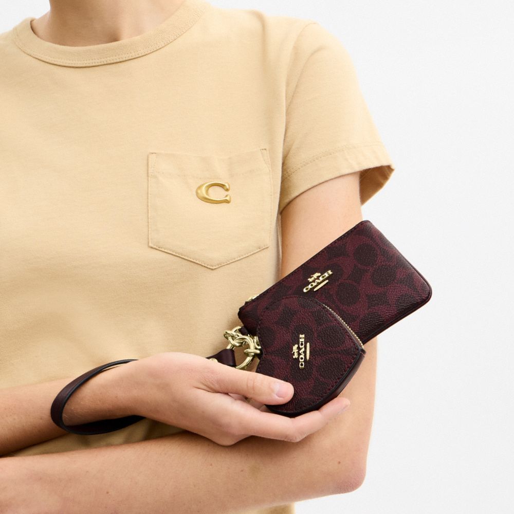 Coach Wristlet And Heart Pouch In Signature Canvas Gold/Black Currant