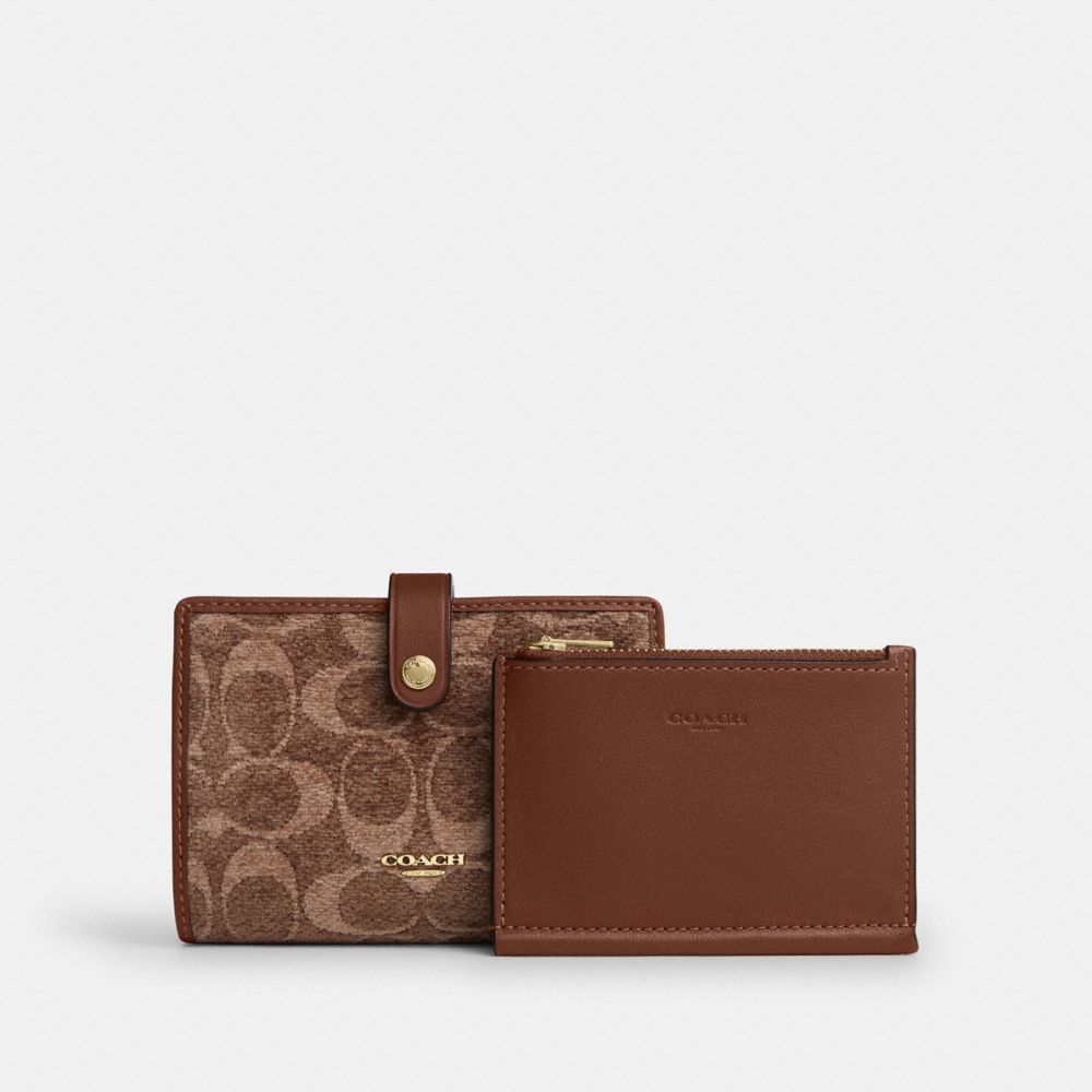 Coach 2-In-1 Wallet In Signature Chenille Gold/Light Khaki/Vintage Brown