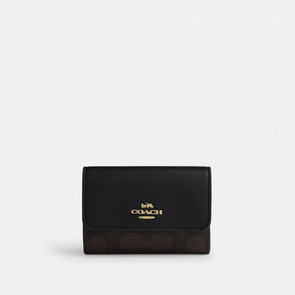 Coach Flap Card Case In Signature Canvas Gold/Walnut/Black