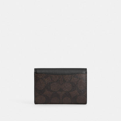 Coach Flap Card Case In Signature Canvas Gold/Walnut/Black