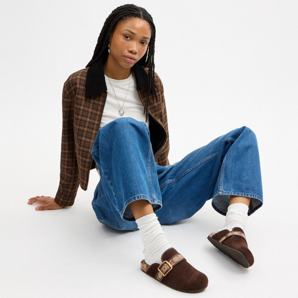 Women's Coach Archival Buckle Clog With Signature Jacquard Chocolate Brown