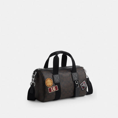 Coach Explorer Duffle Bag 28 In Signature Canvas With Patches Sv/Walnut/Black