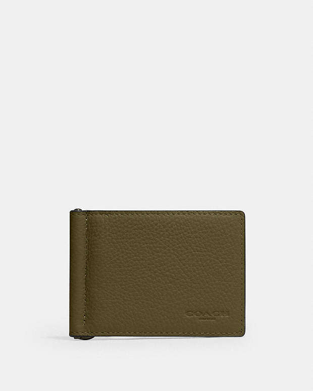 Slim Money Clip Billfold Wallet Pebbled Leather-Gunmetal-Olive Pebbled Leather-Gunmetal-Olive