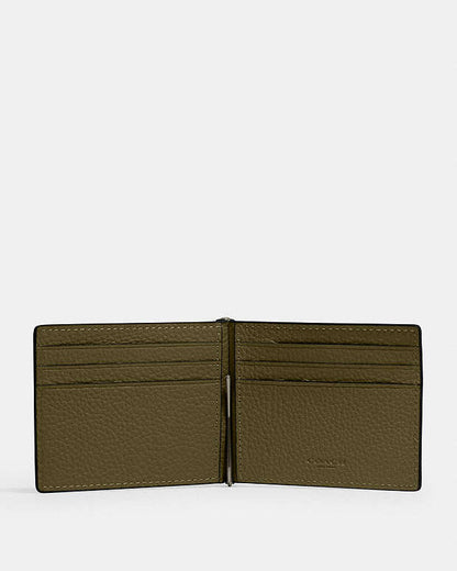 Slim Money Clip Billfold Wallet Pebbled Leather-Gunmetal-Olive Pebbled Leather-Gunmetal-Olive