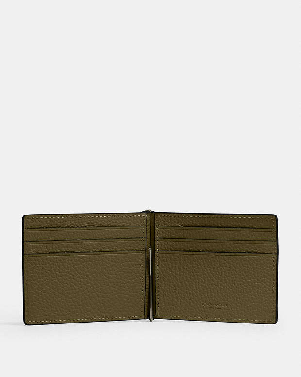 Slim Money Clip Billfold Wallet Pebbled Leather-Gunmetal-Olive Pebbled Leather-Gunmetal-Olive