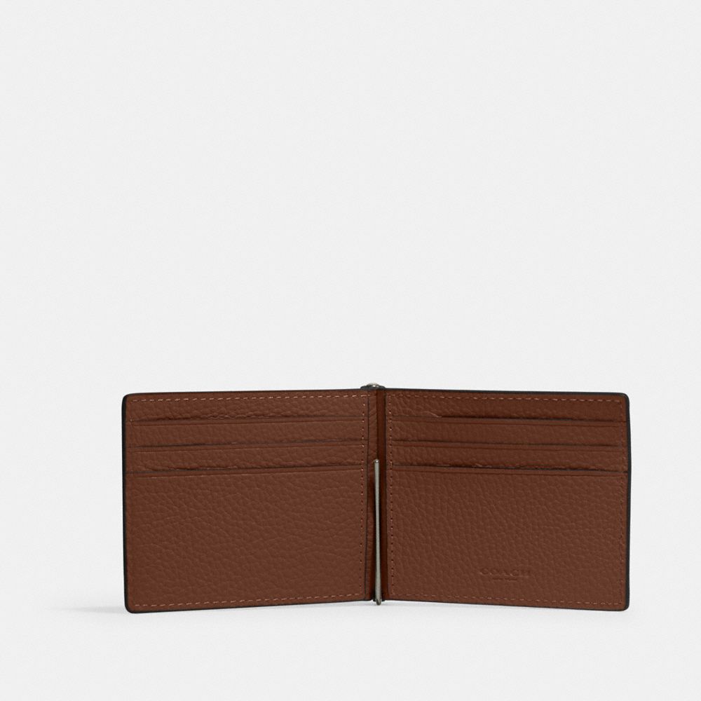 Coach Slim Money Clip Billfold Wallet Gunmetal/Saddle