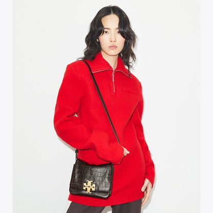 Tory Burch Charlie Croc-Embossed Shoulder Bag Dark Brown