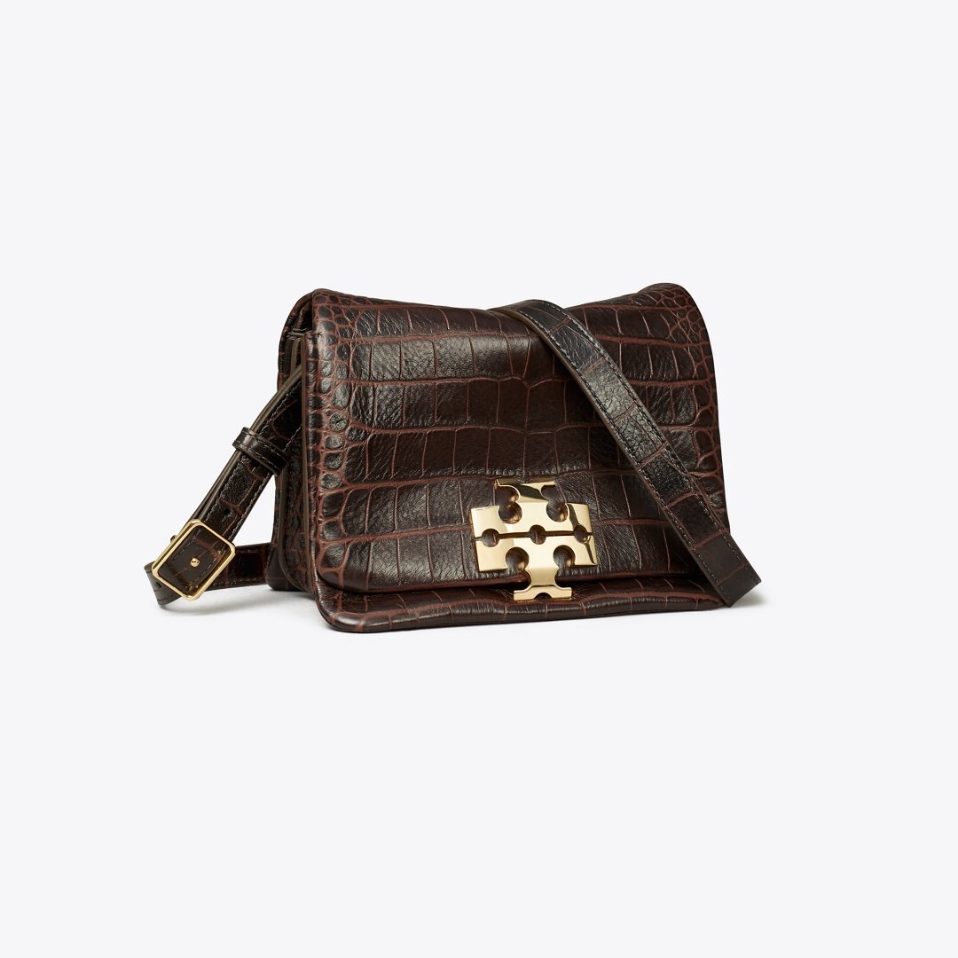 Tory Burch Charlie Croc-Embossed Shoulder Bag Dark Brown