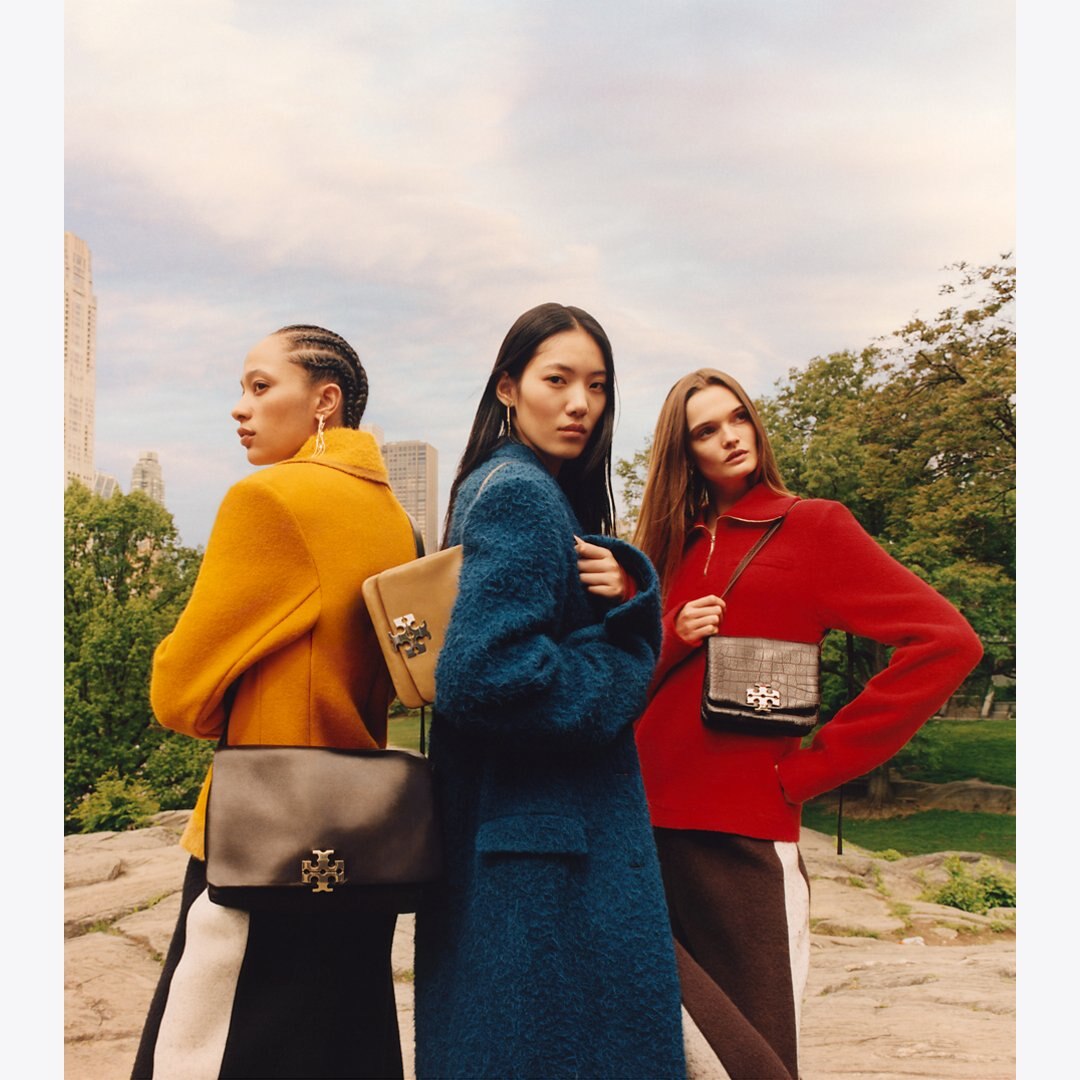 Tory Burch Charlie Croc-Embossed Shoulder Bag Dark Brown