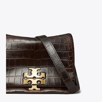Tory Burch Charlie Croc-Embossed Shoulder Bag Dark Brown