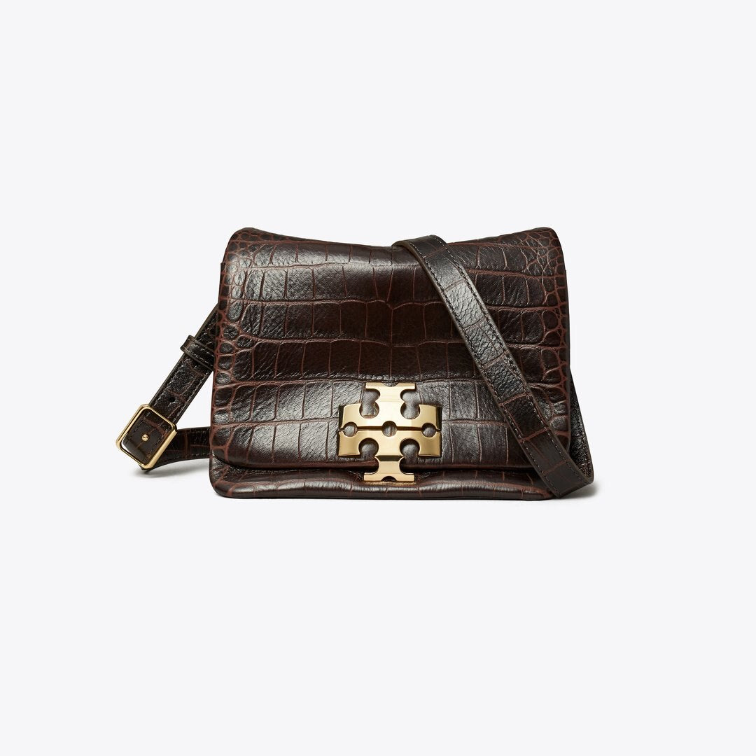 Tory Burch Charlie Croc-Embossed Shoulder Bag Dark Brown