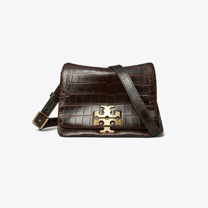 Tory Burch Charlie Croc-Embossed Shoulder Bag Dark Brown