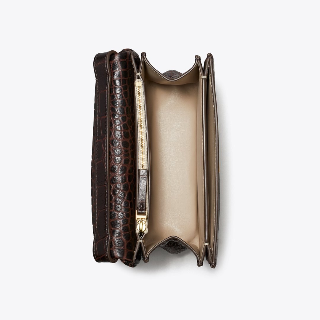 Tory Burch Charlie Croc-Embossed Shoulder Bag Dark Brown