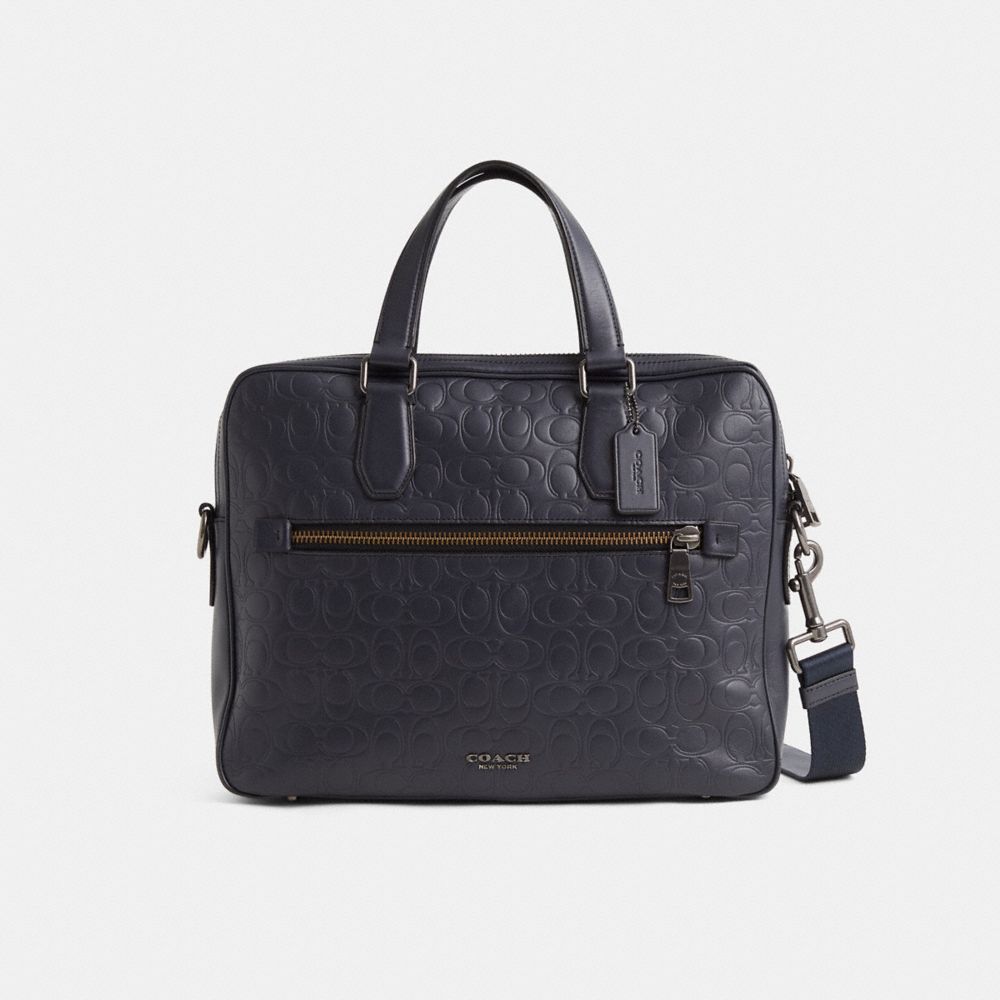Coach Restored Kennedy Brief In Signature Leather Gunmetal/Midnight Navy