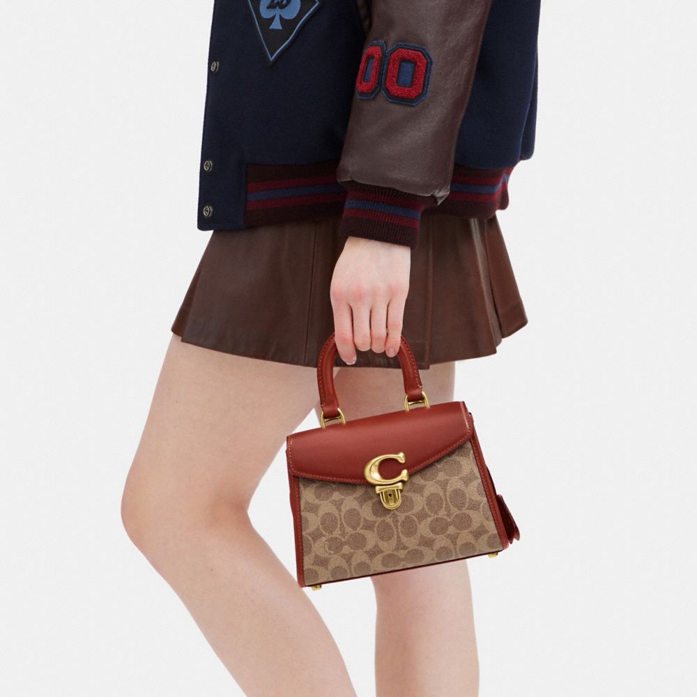 Coach Sammy Top Handle Bag 21 In Signature Canvas Brass Tan Rust
