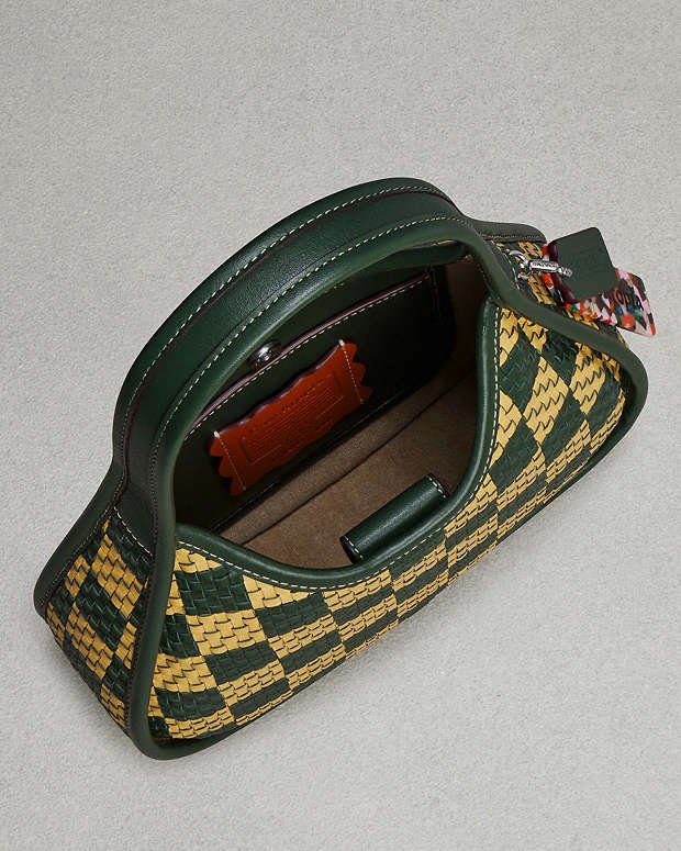 Ergo Bag With Woven Checkerboard In Repurposed Leather Dark Fern-Sunflower Dark Fern-Sunflower