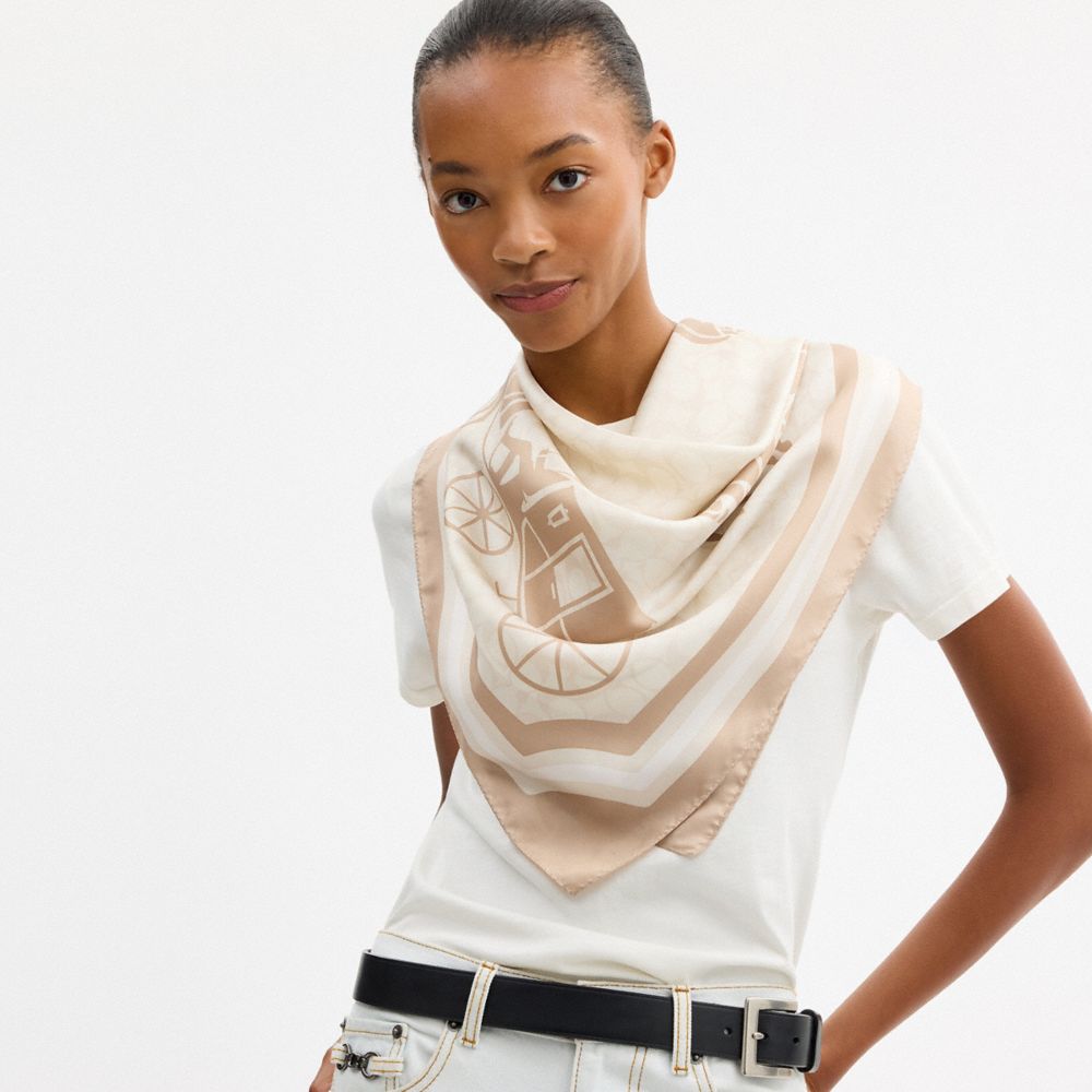 Coach Signature Horse And Carriage Silk Square Scarf Taupe
