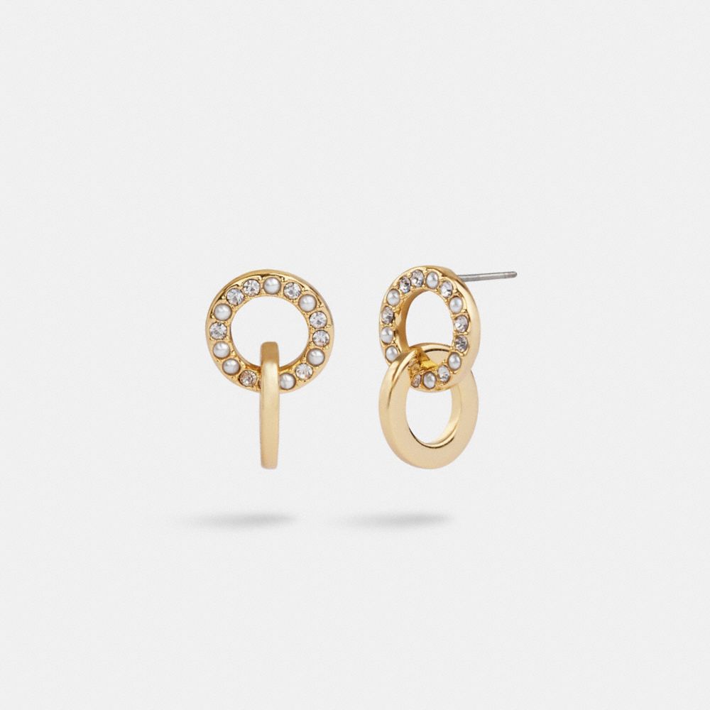 Coach Interlocking Open Circle Pearl Huggie Earrings Gold Pearl