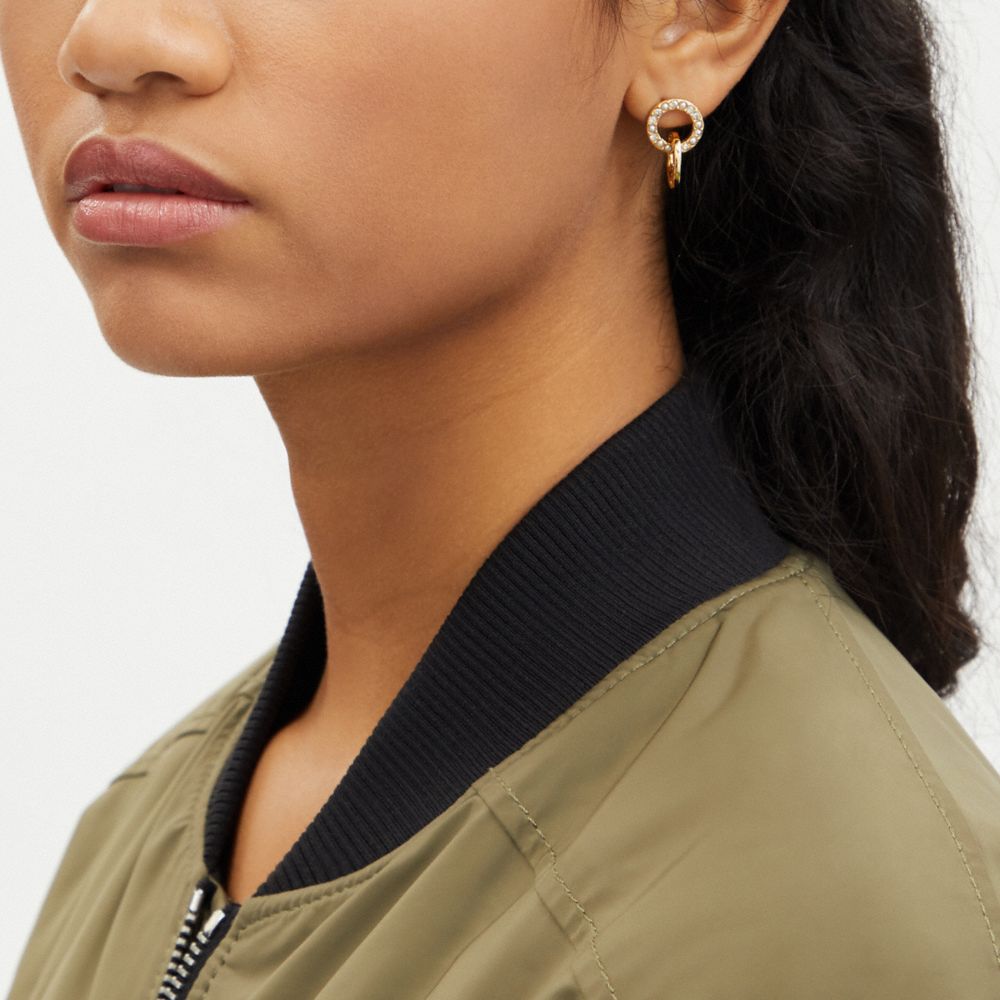 Coach Interlocking Open Circle Pearl Huggie Earrings Gold Pearl