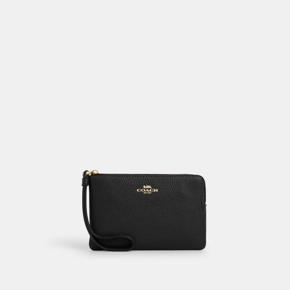 Corner Zip Wristlet Pebbled Leather-Gold-Black Pebbled Leather-Gold-Black