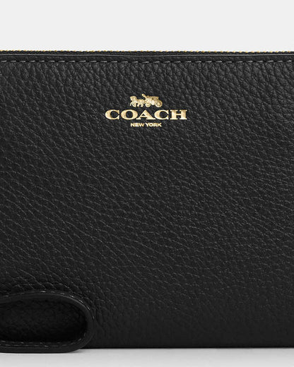 Corner Zip Wristlet Pebbled Leather-Gold-Black Pebbled Leather-Gold-Black