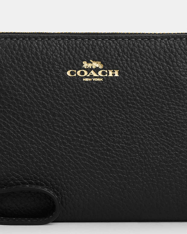Corner Zip Wristlet Pebbled Leather-Gold-Black Pebbled Leather-Gold-Black