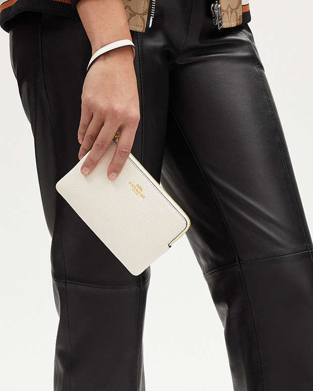 Corner Zip Wristlet Pebbled Leather-Gold-Chalk Pebbled Leather-Gold-Chalk