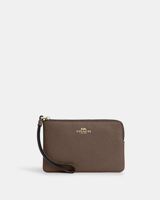 Corner Zip Wristlet Pebbled Leather-Gold-Dark Stone Pebbled Leather-Gold-Dark Stone