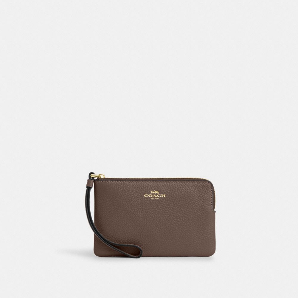 Corner Zip Wristlet Pebbled Leather-Gold-Dark Stone Pebbled Leather-Gold-Dark Stone