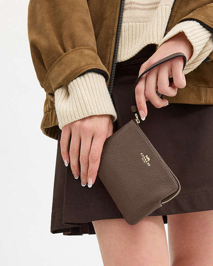 Corner Zip Wristlet Pebbled Leather-Gold-Dark Stone Pebbled Leather-Gold-Dark Stone