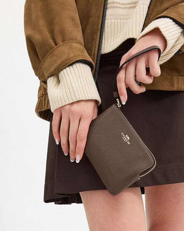 Corner Zip Wristlet Pebbled Leather-Gold-Dark Stone Pebbled Leather-Gold-Dark Stone