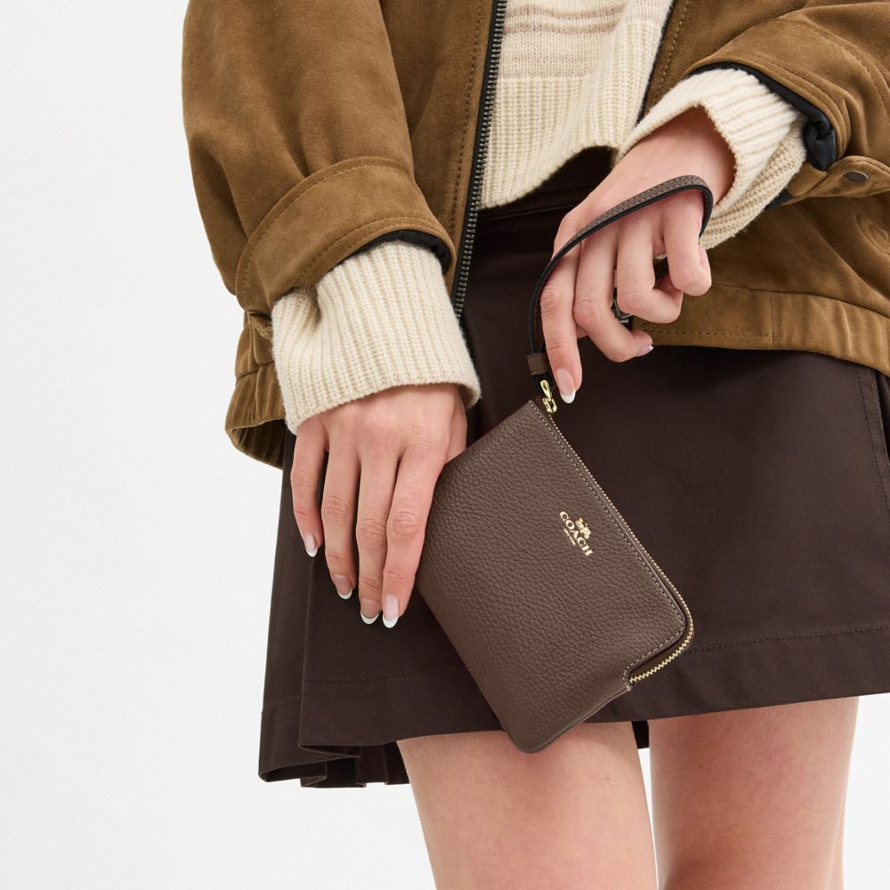 Corner Zip Wristlet Pebbled Leather-Gold-Dark Stone Pebbled Leather-Gold-Dark Stone