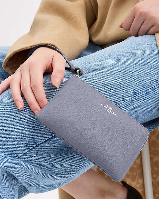Corner Zip Wristlet Pebbled Leather-Silver-Mist Pebbled Leather-Silver-Mist