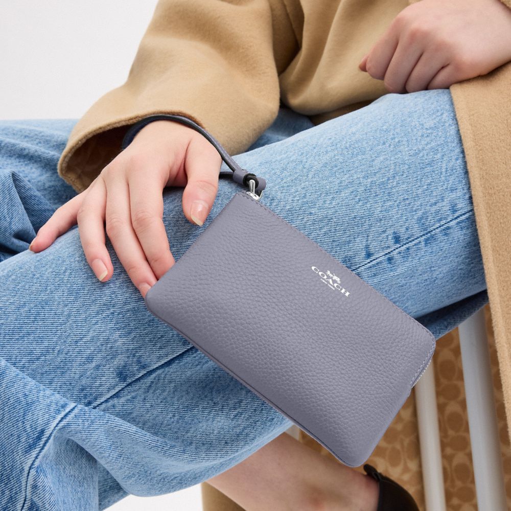 Corner Zip Wristlet Pebbled Leather-Silver-Mist Pebbled Leather-Silver-Mist