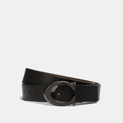 Coach Signature Buckle Cut To Size Reversible Belt, 38 Mm Gunmetal Black Dark Saddle