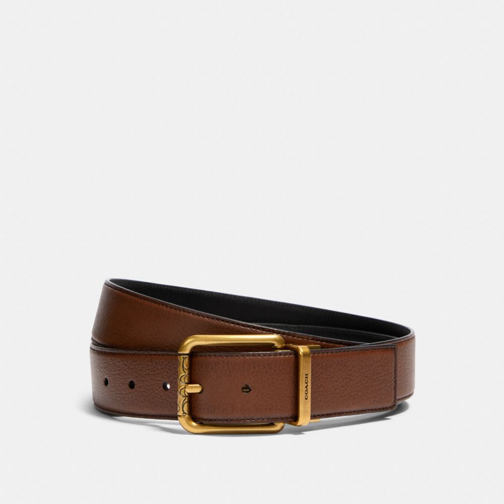 Square Roller Buckle Cut To Size Reversible Belt, 38 Mm Pebbled Leather-Antique Brass-Dark Saddle Black Pebbled Leather-Antique Brass-Dark Saddle Black