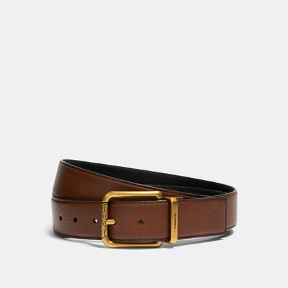 Square Roller Buckle Cut To Size Reversible Belt, 38 Mm Pebbled Leather-Antique Brass-Dark Saddle Black Pebbled Leather-Antique Brass-Dark Saddle Black