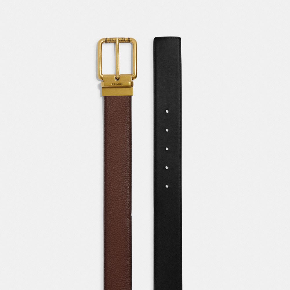 Square Roller Buckle Cut To Size Reversible Belt, 38 Mm Pebbled Leather-Antique Brass-Dark Saddle Black Pebbled Leather-Antique Brass-Dark Saddle Black