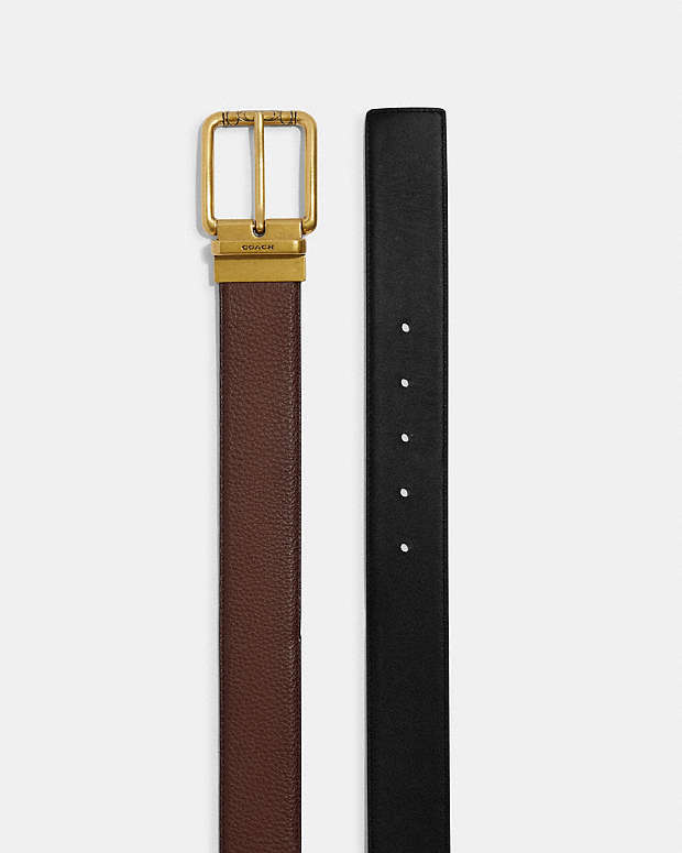 Square Roller Buckle Cut To Size Reversible Belt, 38 Mm Pebbled Leather-Antique Brass-Dark Saddle Black Pebbled Leather-Antique Brass-Dark Saddle Black