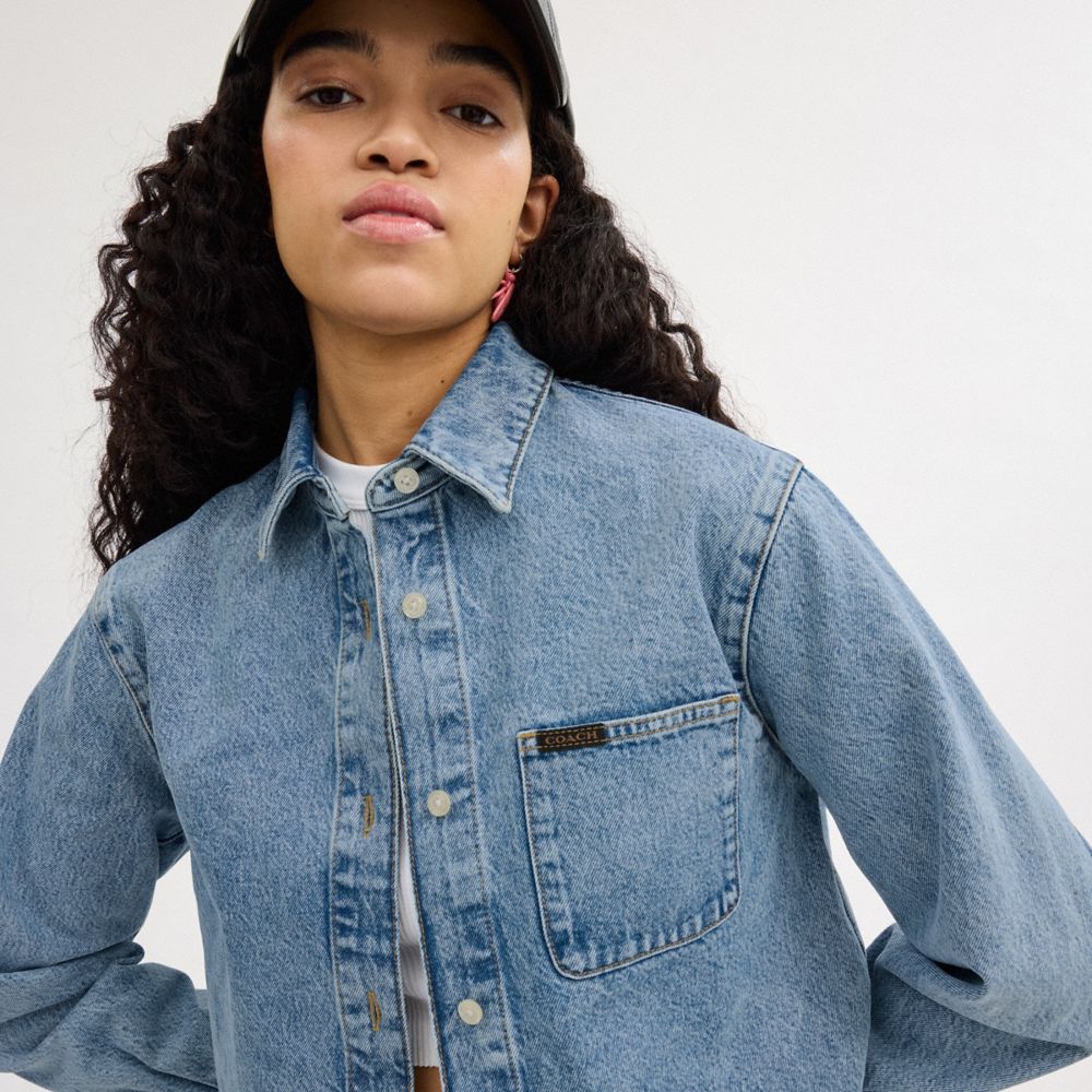 Coach Cropped Denim Button Down Blue