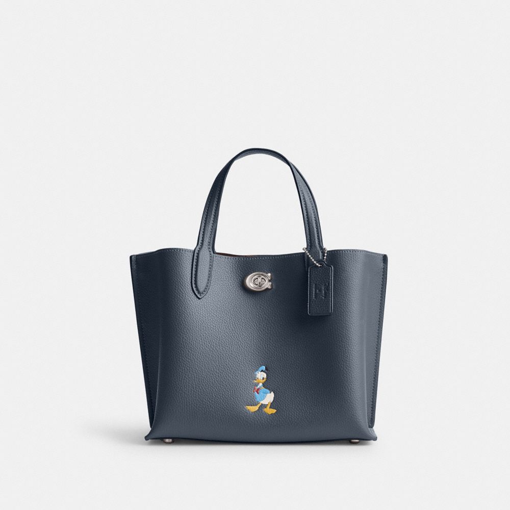 Coach Disney X Coach Willow Tote Bag 24 With Donald Duck Silver Denim Multi