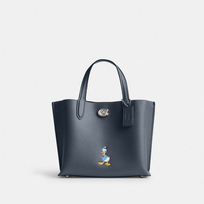 Coach Disney X Coach Willow Tote Bag 24 With Donald Duck Silver Denim Multi