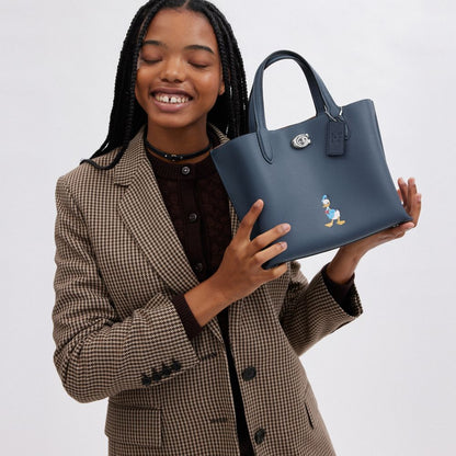 Coach Disney X Coach Willow Tote Bag 24 With Donald Duck Silver Denim Multi