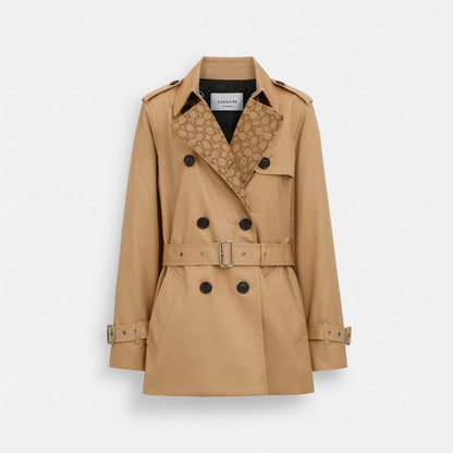 Coach Signature Lapel Short Trench Classic Khaki