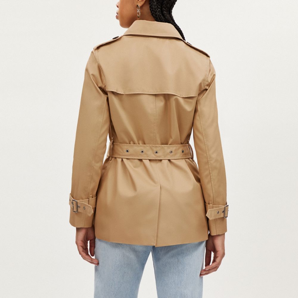 Coach Signature Lapel Short Trench Classic Khaki